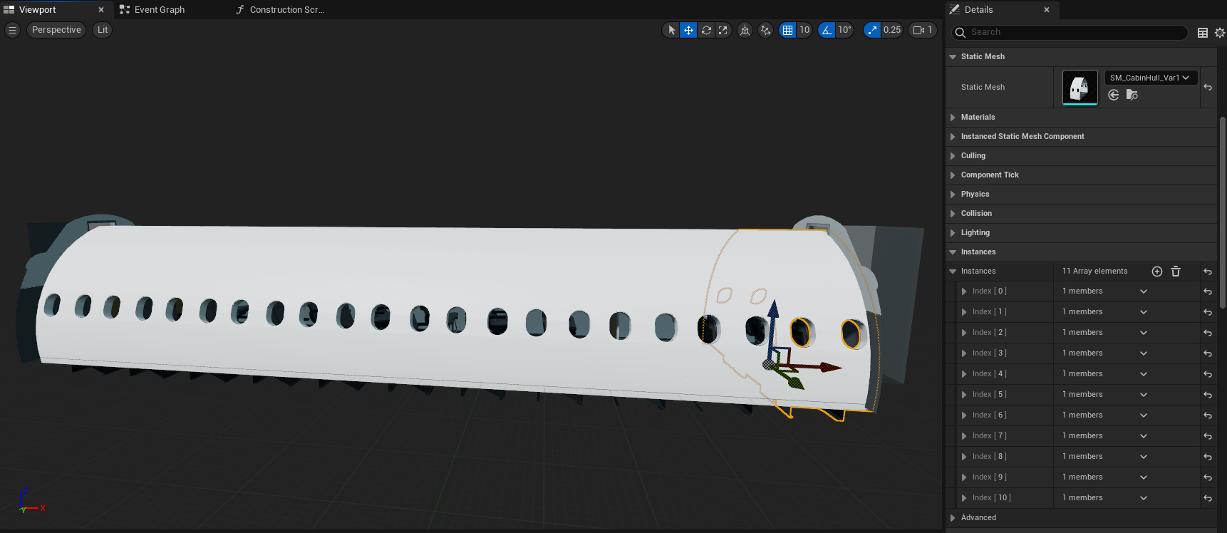The Elysian Aircraft cabin model assembled in the Unreal Engine editor